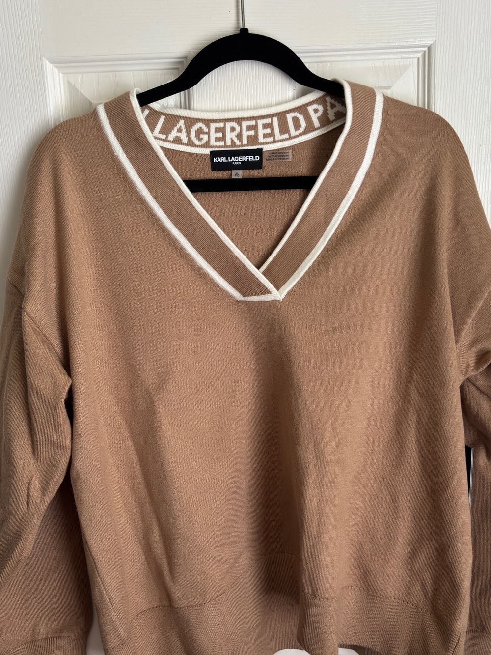Karl Lagerfeld Camel Knit Sweater with White Logo Trim